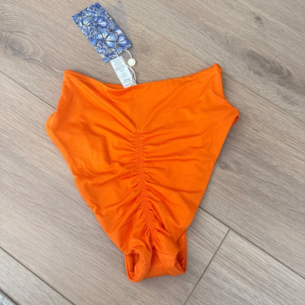 H18‎ Toluca Swim Orange High Waisted Ruched Back Bikini Bottoms XS New
